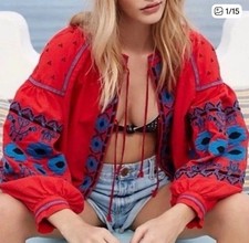 Free People Linen/Cotton Blend Vibrant Red Bohemian Jacket Blue Floral Accents L