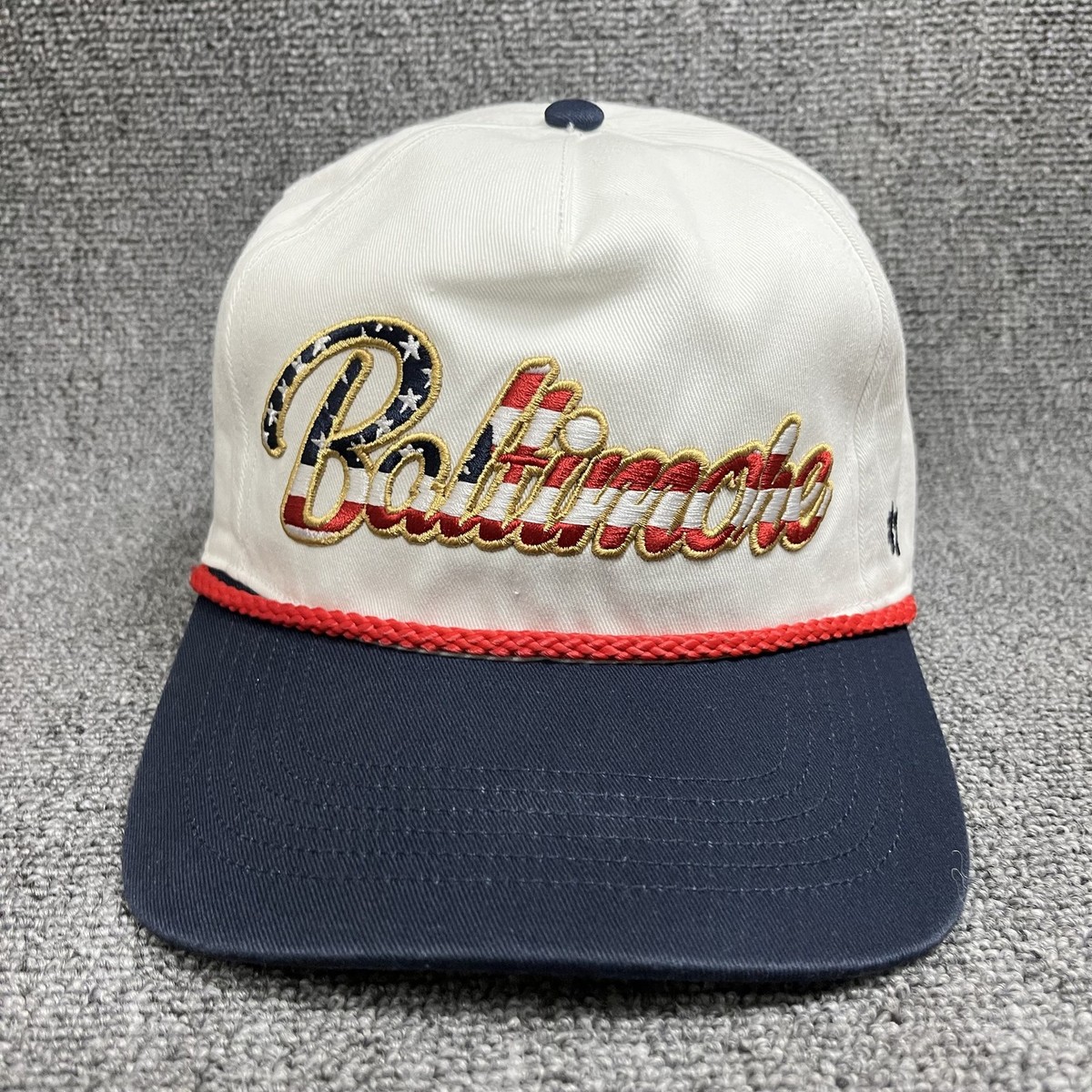 New '47 Baltimore Ravens Hitch Rope Script Snapback Hat Cream Navy Adjustable