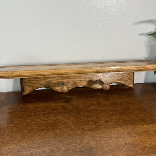 Vintage Oak Wood Wall Shelf with Peg Hooks - 18" Rustic Farmhouse Organizer