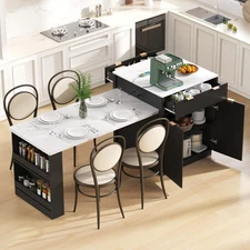 82.6"Fluted Kitchen Island Extendable Dining Kitchen Table w Double-Side Storage