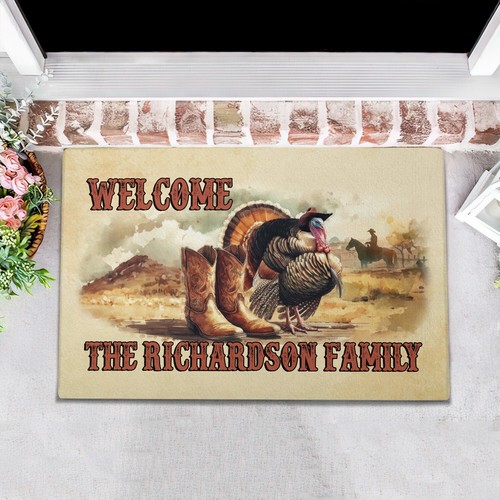 Personalized Name Thanksgiving Doormat, Cowboy Turkey Custom Family Welcome Mat - Picture 2 of 2