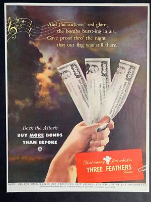 Vintage 1943 Three Feathers Whiskey WW2 Print Ad