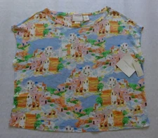 CYNTHIA ROWLEY Greek Island Paining Print 100% Linen Slub Knit Top T-shirt sz L