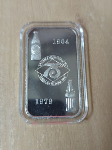 Barra de arte de plata Coca Cola 75 aniversario Greenwood S.C. 1 oz 999 Coca-Cola 1979 - Imagen 2 de 2
