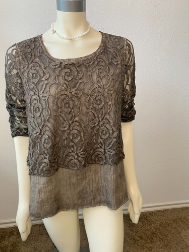 Vintage Concept Top Shirt Pullover Gauze Lined Lace Brown Western Boho Size S - Picture 7 of 8