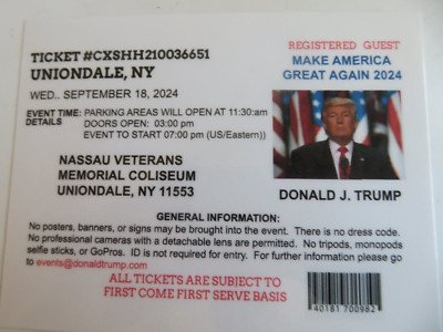 DONALD TRUMP, REGISTERED GUEST RALLY TICKET, WED SEPT, 18, 2024 ...