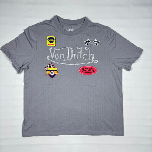 Von Dutch Gray Embroidred & Patched Short Sleeve Crew Neck T-Shirt Mens Large