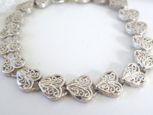 Vintage Sterling Silver Heart Love Filigree Link Chain Bracelet 7.25" - Picture 12 of 12