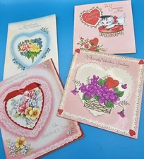 Valentine's Day Cards Friendly Hearts Kitten Flowers - Signed Vintage (4pcs)