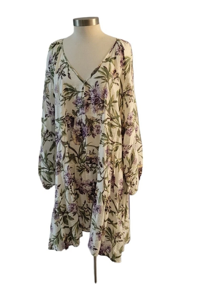 H M Flare Boho Dress Size XXL Floral Print Cream Purple Green
