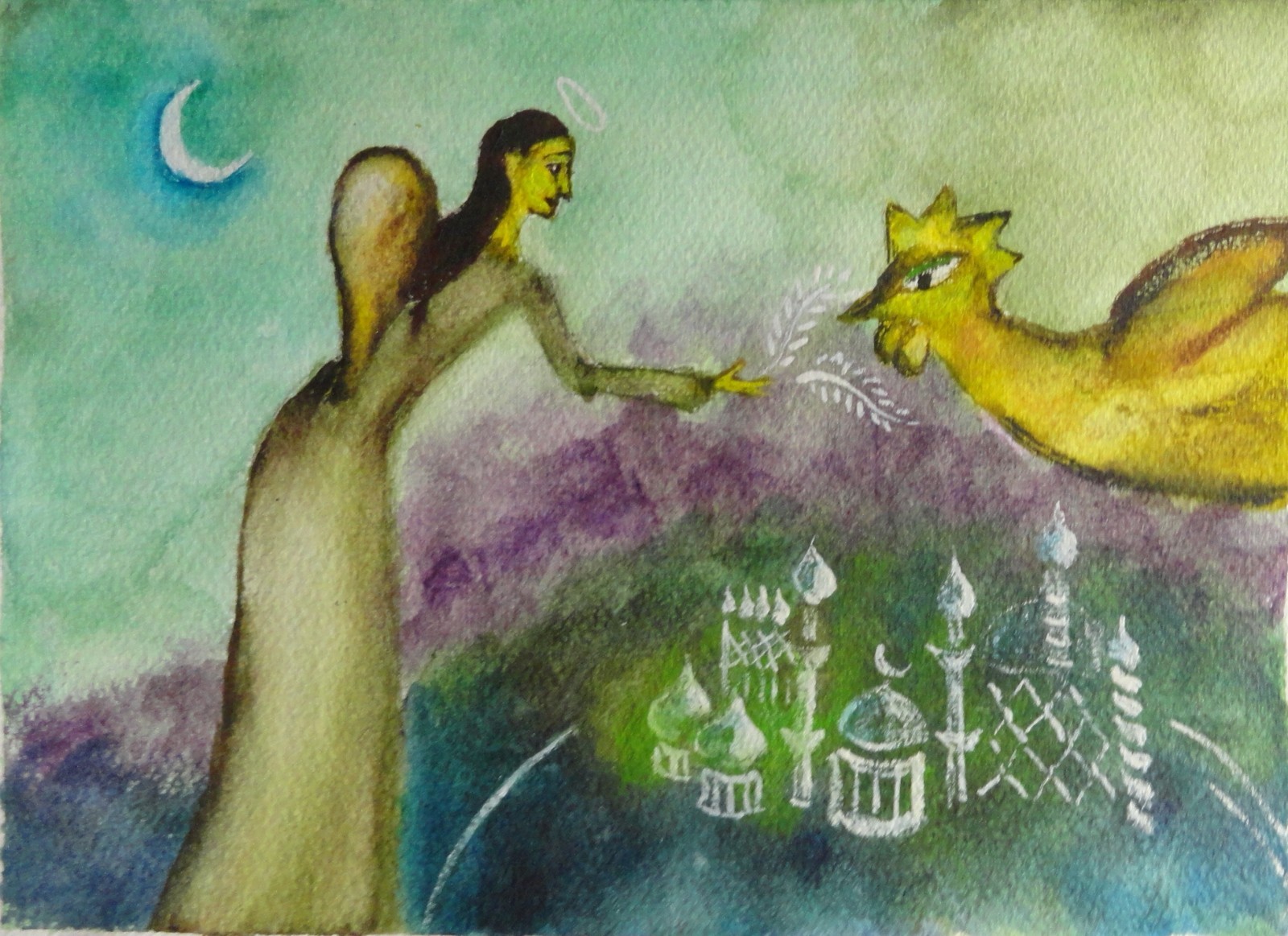 Aquarell "Engel und Hahn" Malerei Kunst Original Unikat Engel Geschenk Weihnacht