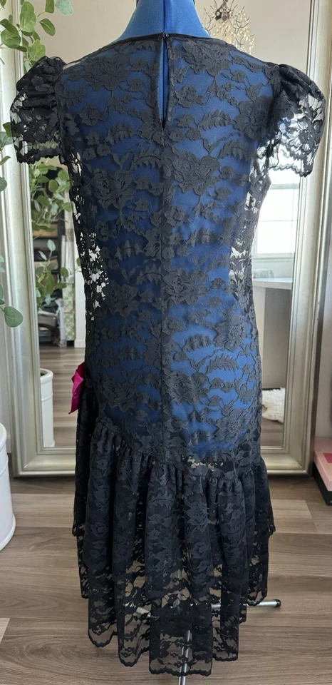 Maxi Vestido De Colección Años 80 Neiman Marcus Rosa Grande Lazo Negro Encaje Cóctel Fiesta Foto 4 de 4