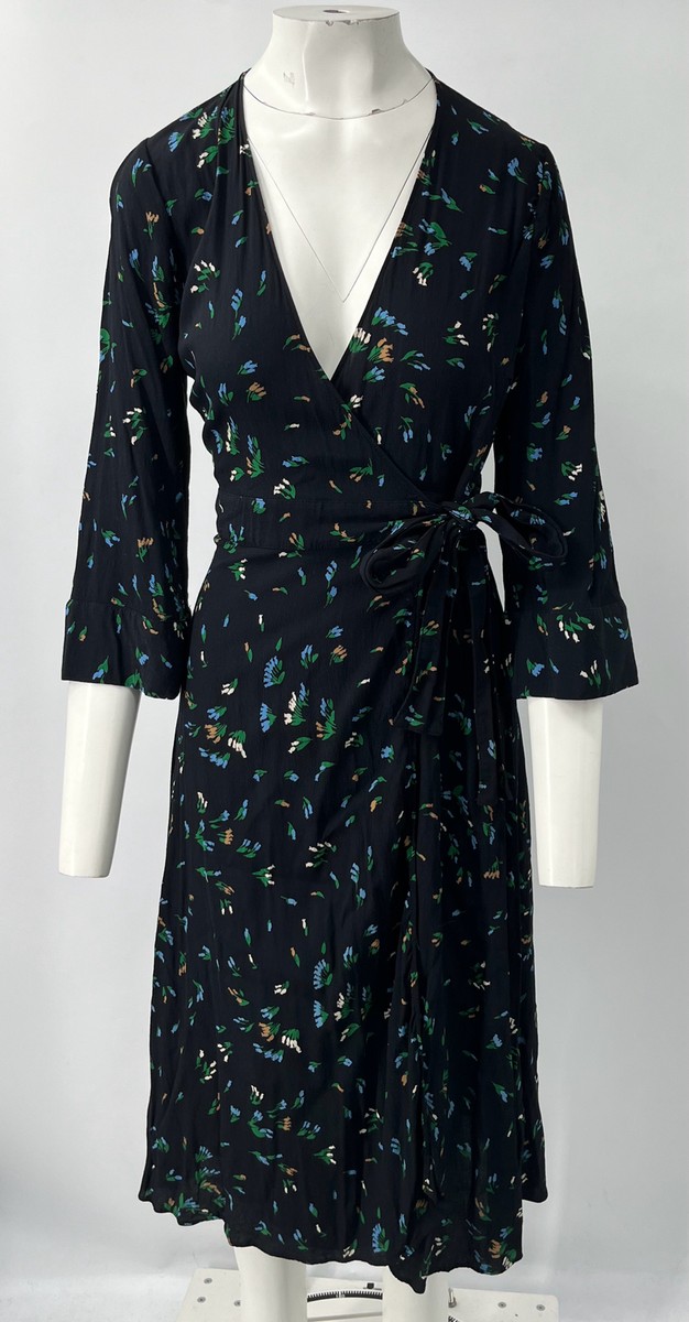 Ganni Floral Print Crepe Midi Wrap Dress in Black/Green sz 38 | eBay