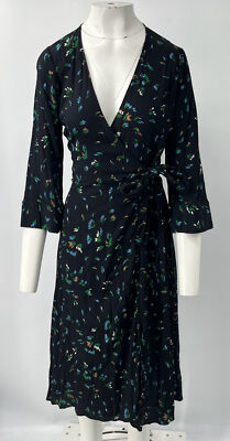 Ganni Floral Print Crepe Midi Wrap Dress in Black/Green sz 38 | eBay