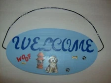 Hand Done Wooden Blue Welcome Plaque With Puppy Bones Paws And Fire Hydrant