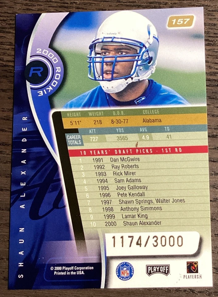 2000 Playoff Absolute Shaun Alexander Rookie Card #157 /3000 Seahawks - Image 2 of 2