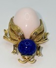 Vintage Panetta Scarab Beetle Brooch –Gold Tone with Blue & Pale Pink Cabochons