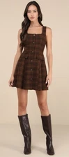 Lulus Autumn Approach Brown Plaid Sleeveless Button-Up Mini Dress Size Large