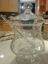 Vtg Princess House Crystal Heritage Etched Condiment Jelly Jar With Lid & Spoon
