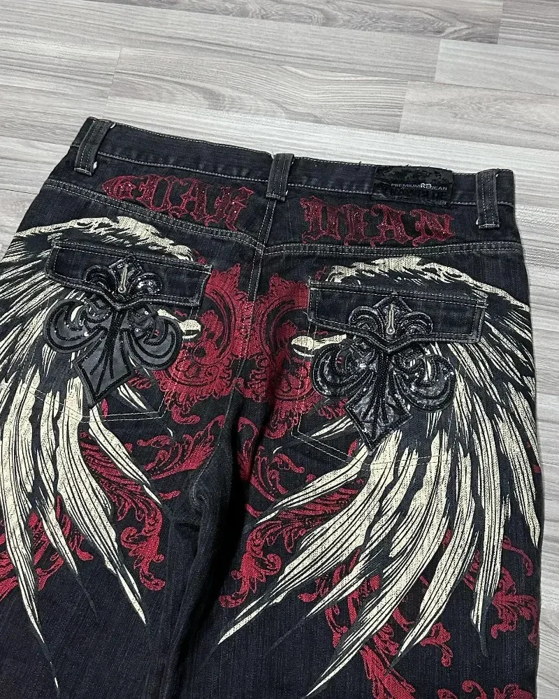 Gothic hip-hop wings oversized pattern printed baggy denim shorts