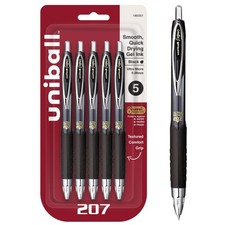 Uniball 207 Retractable Gel Pens, Ultra Micro Point 0.38mm , Black, 5 Pack