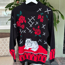 Vintage 80s Women's Spunky Kitty Cat Knit Sweater MockNeck Sparkle Sz M Cute