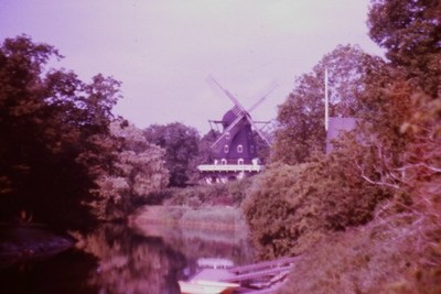 c1960's 35mm Slide, Historic Windmill, Rural Landscape Trees Water Dutch Danish