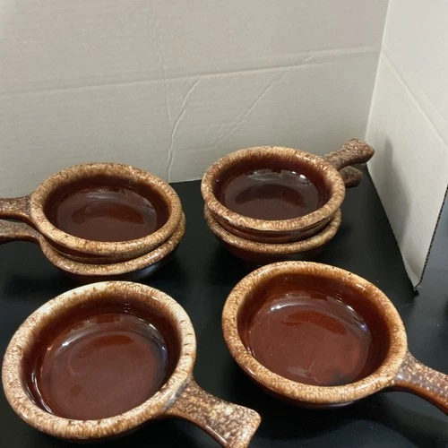Vintage Hull USA Brown Drip Stoneware w Handles Soup or Chili Bowls / 6