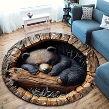 Black Bear Sleeping Cozy 3D Illusion Round Rug, 3D Carpet Floor Mat Decor
