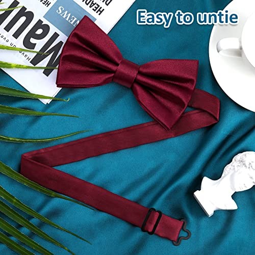 PAFUWEI Men's Pre-Tied Bow Tie, Tux Bowtie Solid Color Neck Polyester Wine Red - Bild 4 von 7