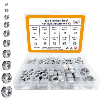 150pcs SAE Hex Nuts Assortment Kit 4#40,6#32,8#32,10#24,10#32,12#24, 1/4''-20,5/1