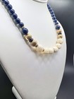 1928 Jewelry Beaded Necklace Faux Lapis Gold Tone Mother Of Pearl Beads 17”-19” — photo 2