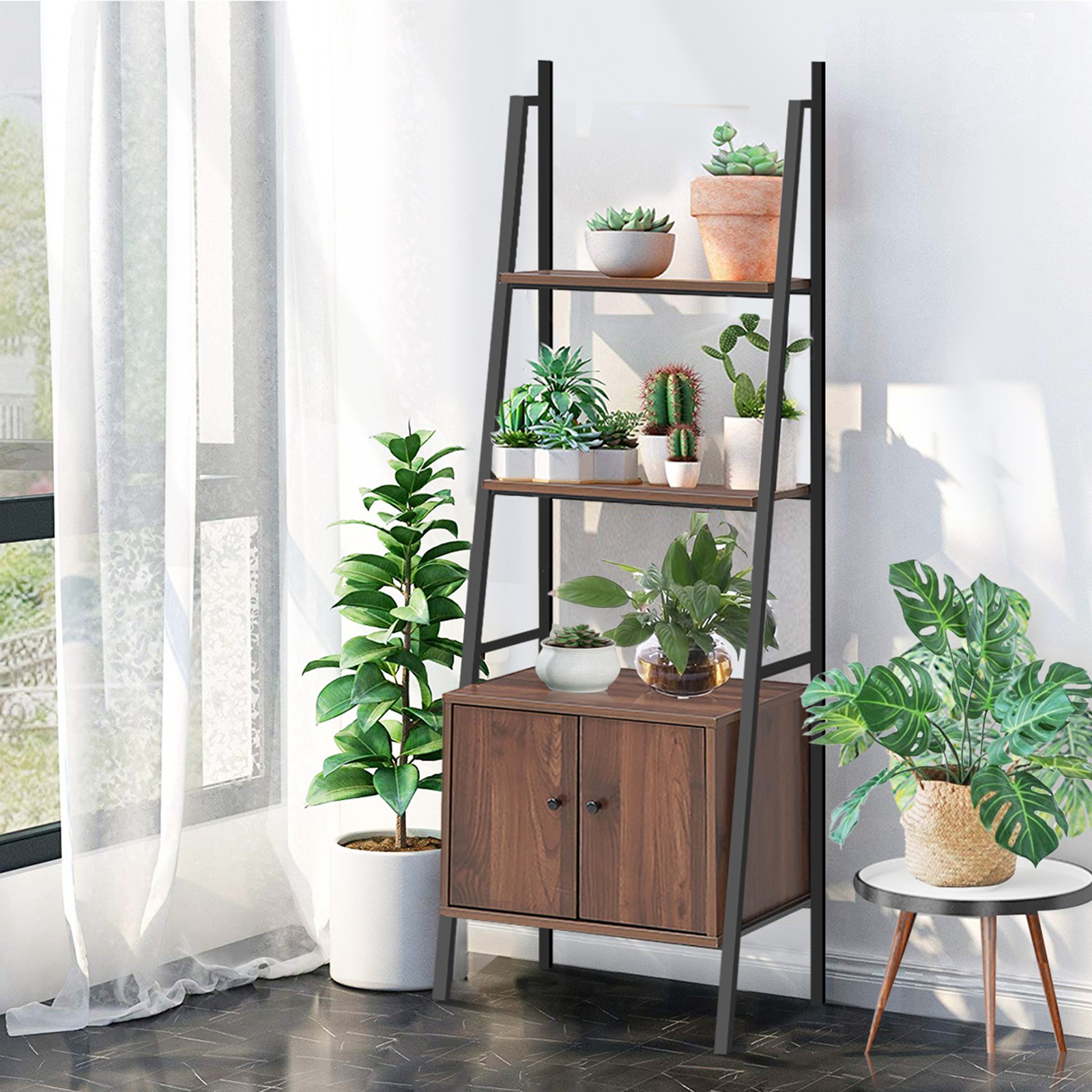 Topbuy 3-Tier Ladder Storage Shelf Leaning Bookcase Display Stand W/ Cabine
