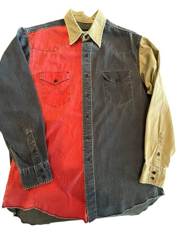 Camicia uomo Wrangler Brushpopper vintage taglia 16 1/2-34 taglia grande blocco colore - Foto 2 di 6