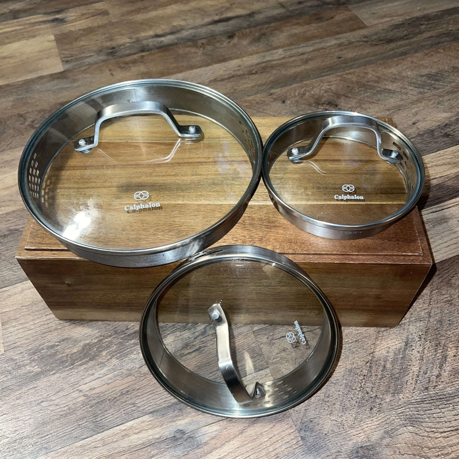 Cooking With Calphalon Drain Lids Stainless Tempered Glass Set Of 3 8- 6.5-5.5”