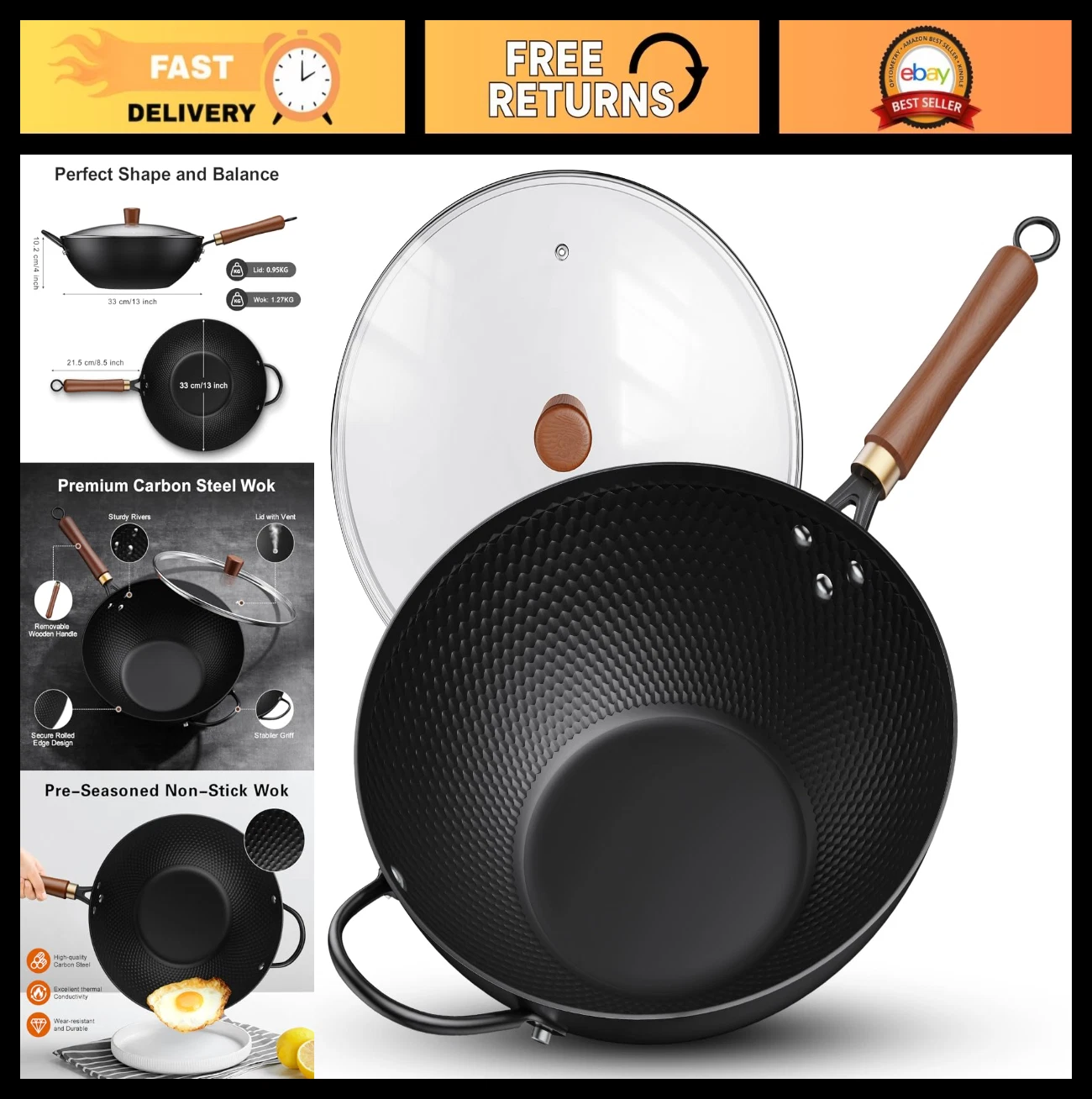 13-Inch Nonstick Carbon Steel Wok Pan with Glass Lid - Induction & All Stove Typ