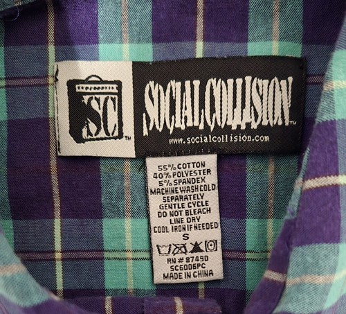 Camisa para hombre púrpura/verde a cuadros colisión social manga larga abotonada talla pequeña - Imagen 5 de 8