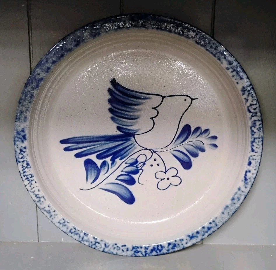 Eldreth Salt Glaze Pottery 11" Pie Plate Cobalt Bird Dove Serving Dish 1992