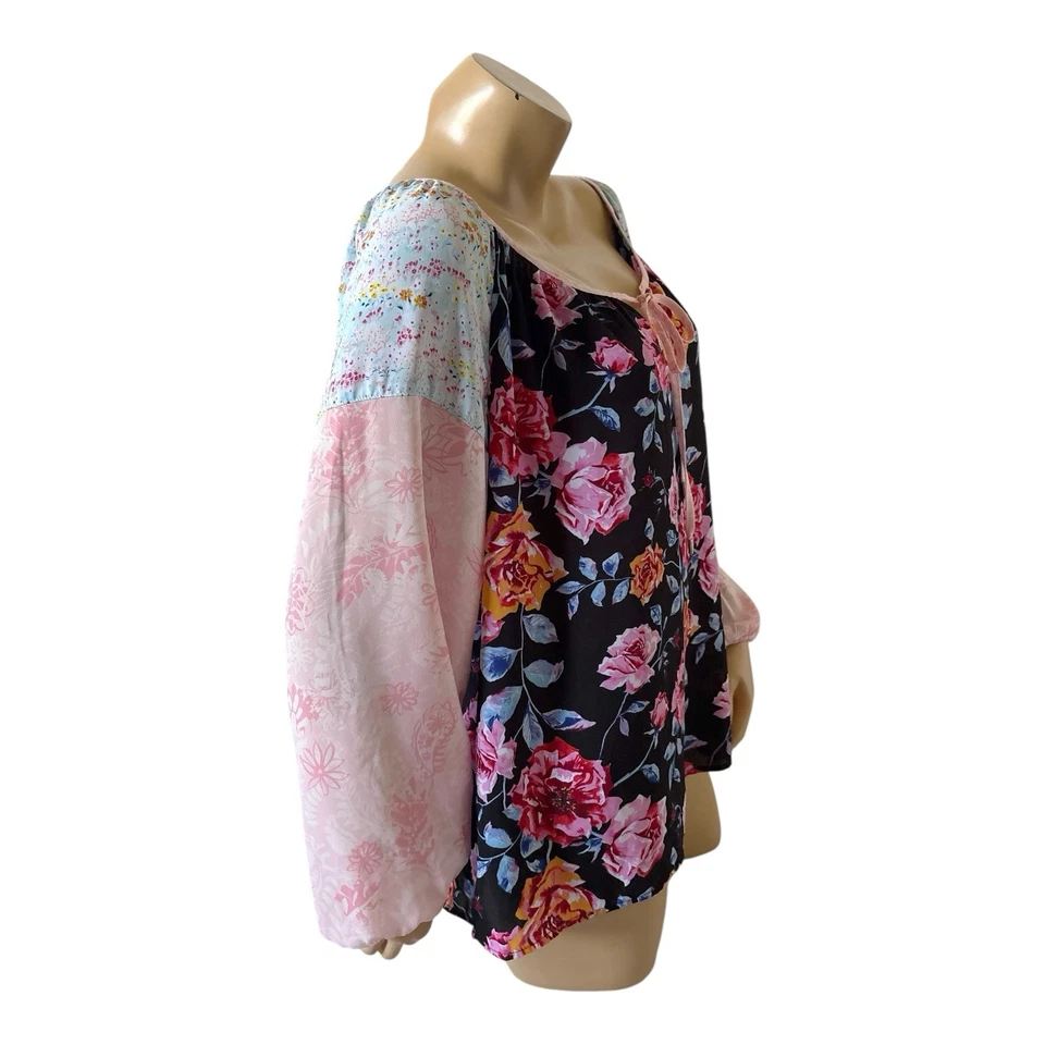 Blusa túnica campesina boho transparente retazos florales grandes de mujer pionera manga larga Foto 3 de 4