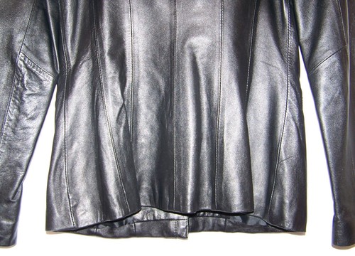 NEIMAN MARCUS EXCLUSIVE Black 100% Leather Ruffled Collar Jacket Coat Size S - Picture 7 of 9