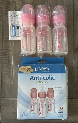 Box Of 3, Dr. Brown's Anti-Colic Options+ Baby Bottle Pink 4 Oz - New Open Box
