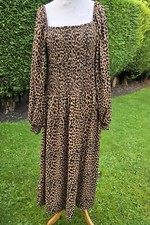 Ladies Leopard Animal Print Smock Midi  Dress Size Uk  20 Shirred