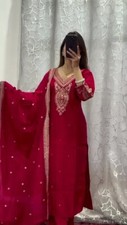 Red Color Heavy Pure Chinnon Silk Salwar Kameez with Dupatta For Wedding