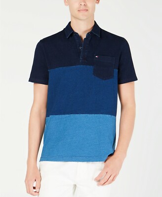 Tommy Hilfiger Men's Benson Custom-Fit Indigo Blue Colorblocked S/S Pocket Polo
