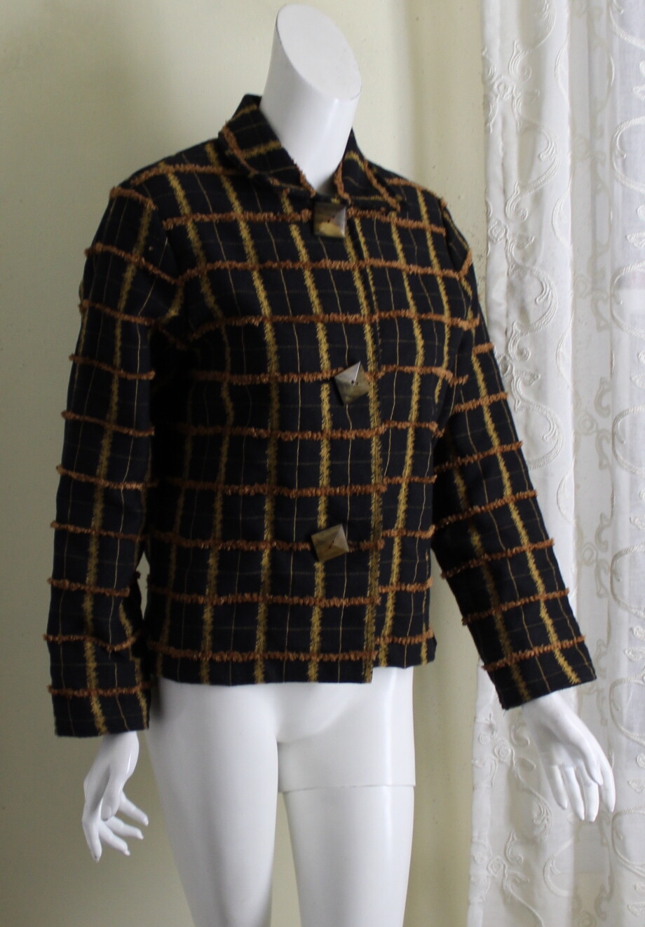 Giacca blazer in ciniglia nera con scollatura dipinta pony taglia M funky chic art to wear