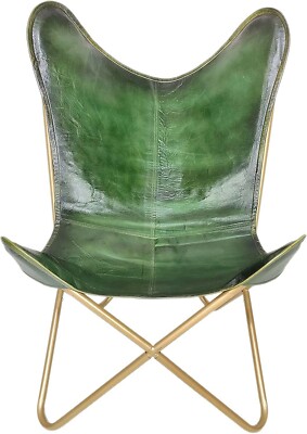 2 Stk. Retro Butterfly Chair Lounge-Sessel aus Büffelleder, Grün, Klappbar