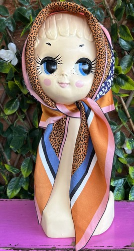 Head Scarf Animal Print Orange & Pink Silky Type Fabric Original Vintage VGC - Picture 6 of 9