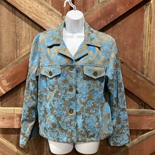 KINDRED SPIRIT Floral Brocade Jacket Women Large Turquoise Waist Length Tooled