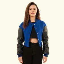 Women's New Baseball Biker Moto Blue Wool & Black Leather Cropped Varsity Jacket