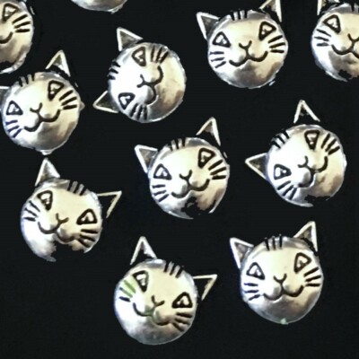 15 Antique Silver Pewter Cat Head Face Bead Kitty Pet Animal 2 sided 8mm